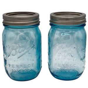 Two Ball Perfect Mason Blue Glass Jars 1913-1915 Commemorative Collectible Pint